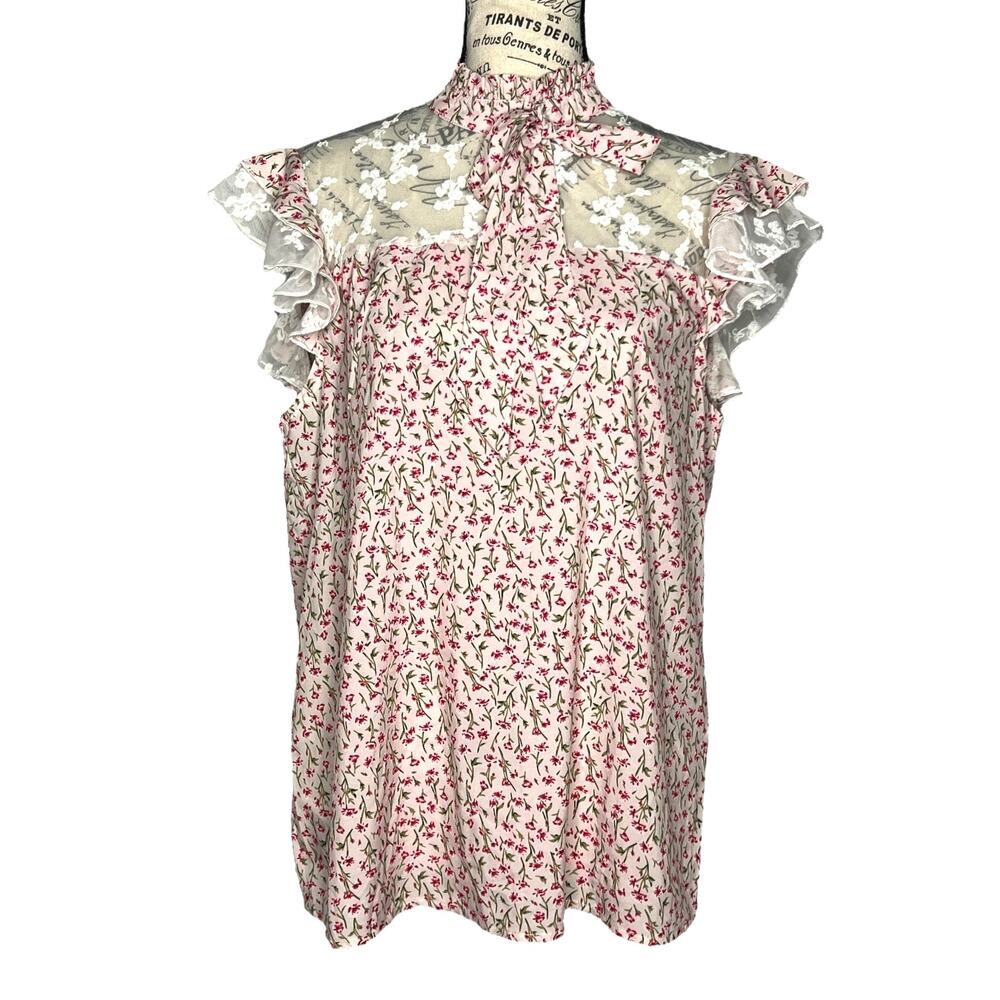 Shein (L) Ditsy Floral Tie Neck Embroidered Mesh Yoke Top Blouse Face Ruffle